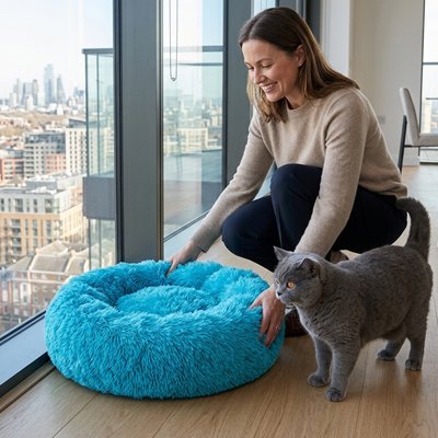 coussin chat peluche longue bleu chat debout maitresse salon
