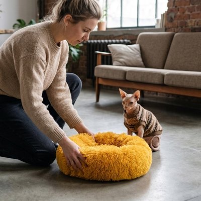 coussin chat peluche longue jaune chat assis maitresse salon