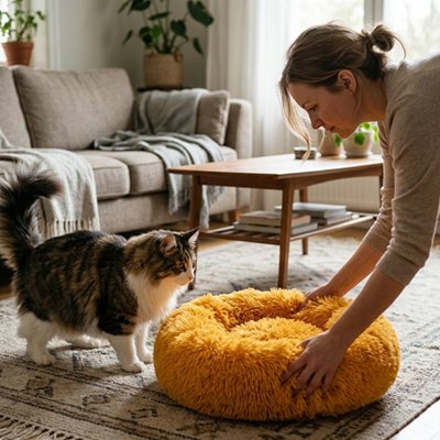 coussin chat peluche longue jaune chat debout maitresse salon