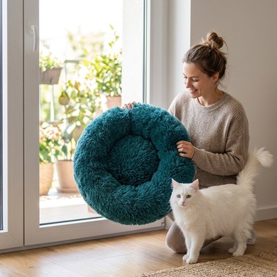 coussin chat super doux cyan maitresse salon chat debout