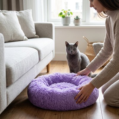 coussin chat super doux violet maitresse chat assis salon