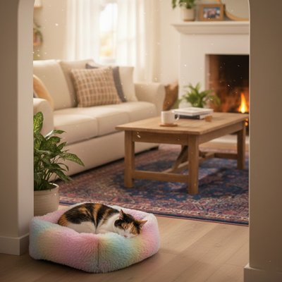 coussin pour chat arc en ciel chat dormant salon
