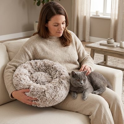 coussin pour chat circulaire gris maitresse chat allonge canape