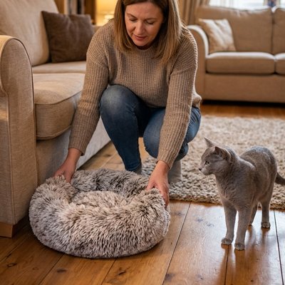 coussin pour chat circulaire gris maitresse chat debout salon