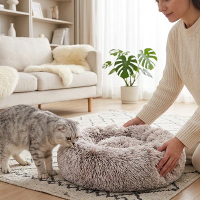 coussin pour chat circulaire gris salon maitresse chat debout