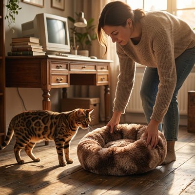 coussin pour chat circulaire marron maitresse chat debout bureau