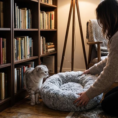 coussin pour chat cocooning gris maitresse chat debout bibliotheque