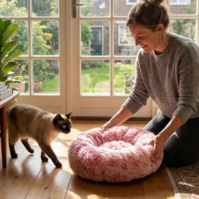 coussin pour chat cocooning rose maitresse chat debout salon