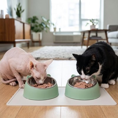 deux chat mangeant dans gamelle pour chat design moderne vert sauge dans salon