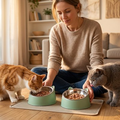 deux chat mangeant dans gamelle pour chat design moderne vert sauge dans salon avec maitresse