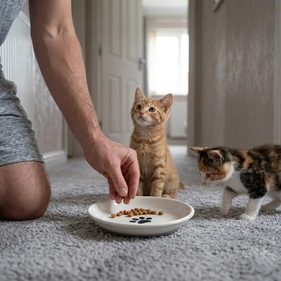 deux chaton avec gamelles chaton decoration patte de chat dans couloir maison