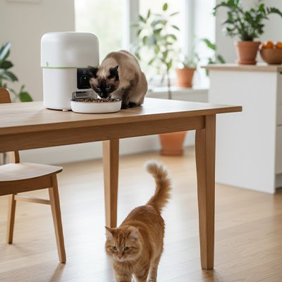 deux chats avec distributeur de croquettes pour chat automatique blanc