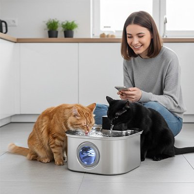 deux chats boivent dans fontaine a eau chat avec maitresse