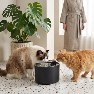 deux chats buvant dans fontaine a eau chat elegante couleur noir dans salon