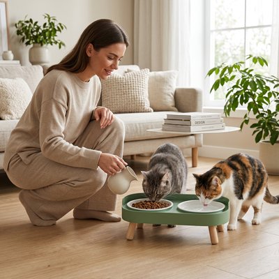 deux chats dans salon avec gamelle chat surelevee scandinave couleur verte avec maitresse
