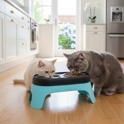 deux chats mangeant dans gamelle chat surelevee anti choc couleur bleu noir dans cuisine