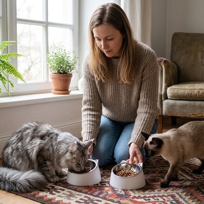 deux chats mangeant dans gamelle pour chat base exterieure blanche avec maitresse dans salon