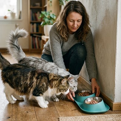 deux chats regardant gamelle chat double bols inox couleur verte avec maitresse