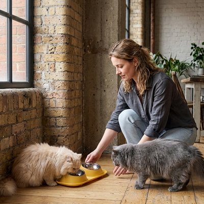 deux chats regardant gamelle chat double bols inox couleur jaune avec maitresse