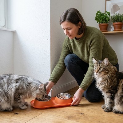 deux chats regardant gamelle chat double bols inox couleur orange avec maitresse