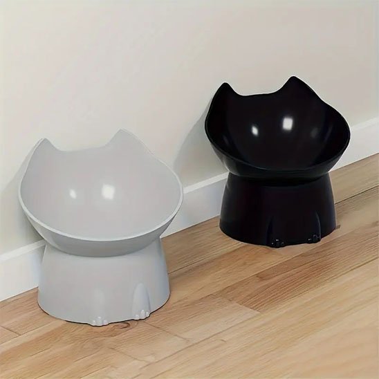 deux gamelle chat surelevee silhouette feline couleur noir et gris