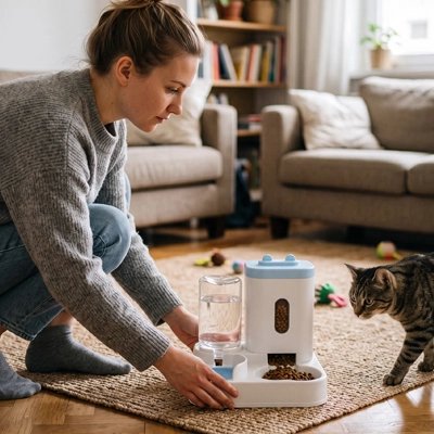 distributeur croquettes chat monobloc bleu chat salon maitresse