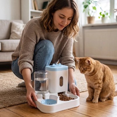 distributeur croquettes chat monobloc bleu maitresse chat salon
