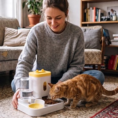 distributeur croquettes chat monobloc jaune maitresse souriant chat salon