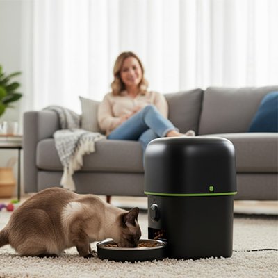 distributeur de croquettes pour chat automatique avec chat et maitresse