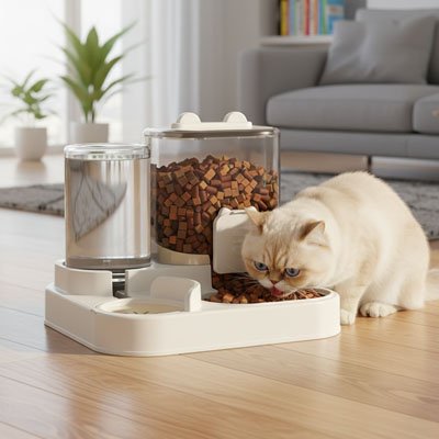 distributeur de croquettes pour chat avec chat blanc mangeant