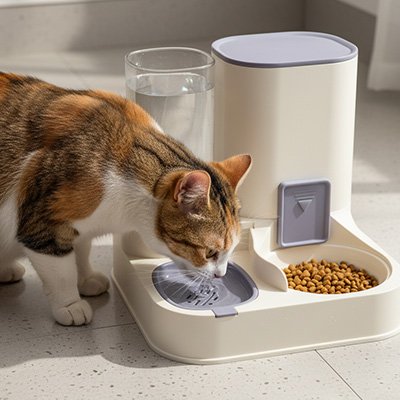 distributeur de croquettes pour chat bicolore bleu blanc avec chat