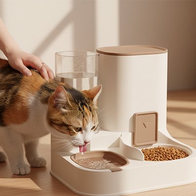 distributeur de croquettes pour chat bicolore marron blanc avec chat