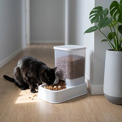 distributeur de croquettes pour chat blanc chat mangeant couloir