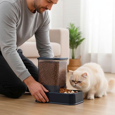 distributeur de croquettes pour chat bleu avec chat et maitre