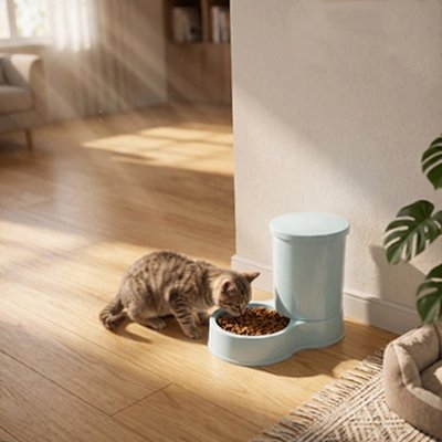 distributeur de croquettes pour chat bleu ciel couloir