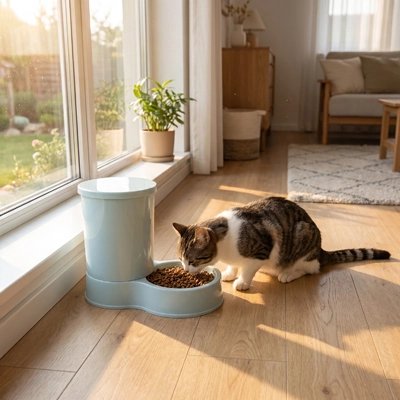 distributeur de croquettes pour chat bleu ciel salon