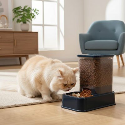 distributeur de croquettes pour chat bleu dans salon avec chat