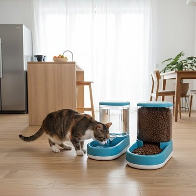 distributeur de croquettes pour chat couleur bleu avec chat