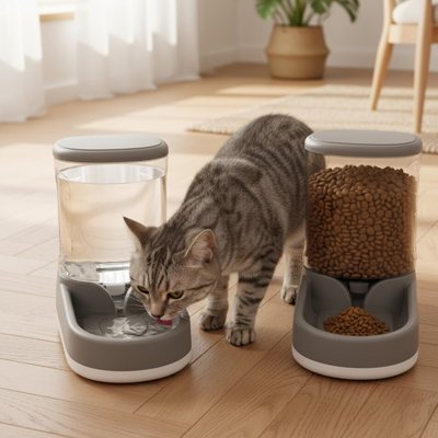 distributeur de croquettes pour chat couleur gris avec chat