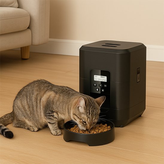distributeur de croquettes pour chat​ cubique noir avec chat mangeant
