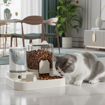 distributeur de croquettes pour chat dans salon avec chat