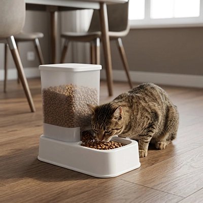 distributeur de croquettes pour chat design compact blanc salon