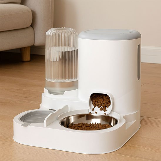 distributeur de croquettes pour chat​ design minimaliste blanc dans salon