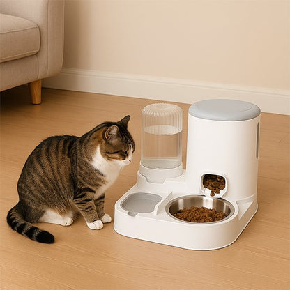 distributeur de croquettes pour chat​ design minimaliste blanc avec chat