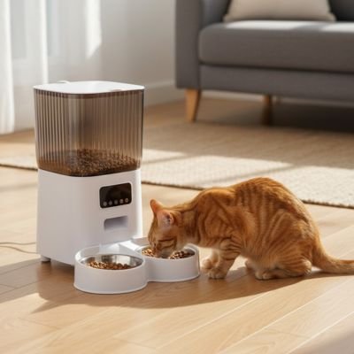 distributeur de croquettes pour chat deux bols avec chat mangeant
