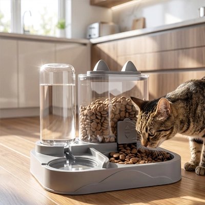 distributeur de croquettes pour chat gris chat mangeant cuisine