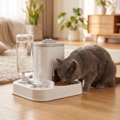 distributeur de croquettes pour chat gris chat mangeant salon