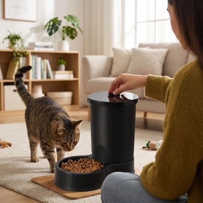 distributeur de croquettes pour chat noir chat maitresse salon