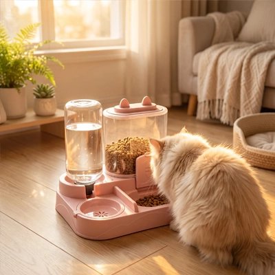 distributeur de croquettes pour chat rose chat mangeant salon