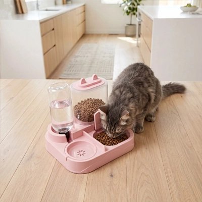 distributeur de croquettes pour chat rose chat mangeant table